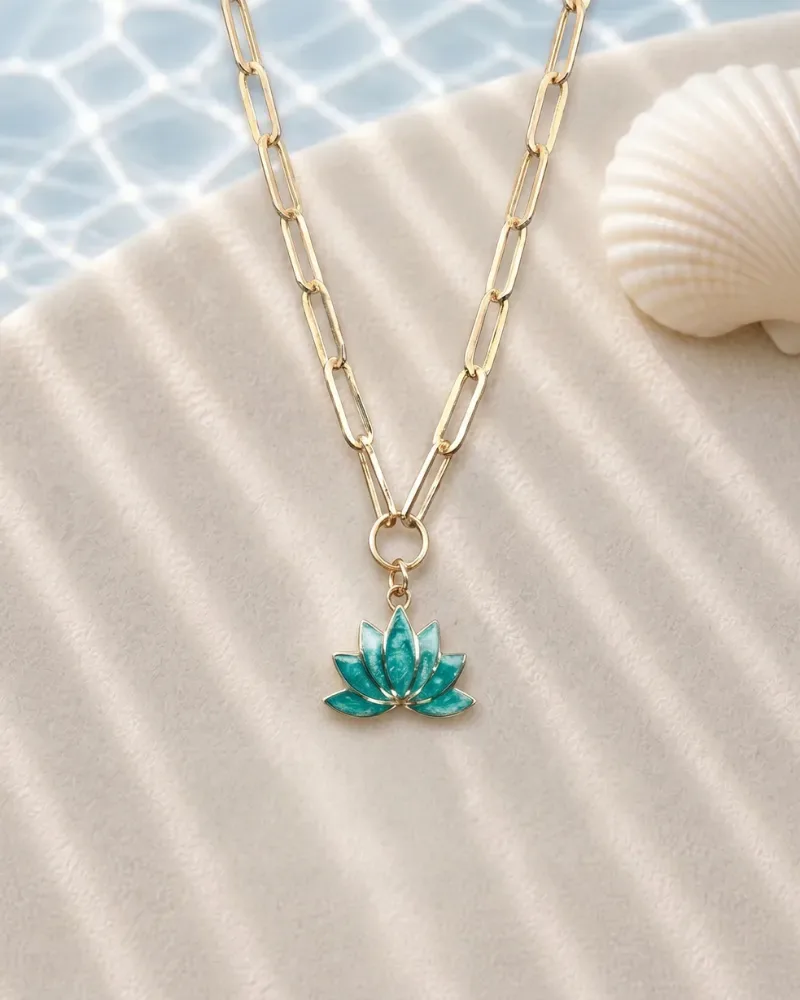 14 ayar sarı altın mine detaylı lotus çiçeği ataç zincirli kolye